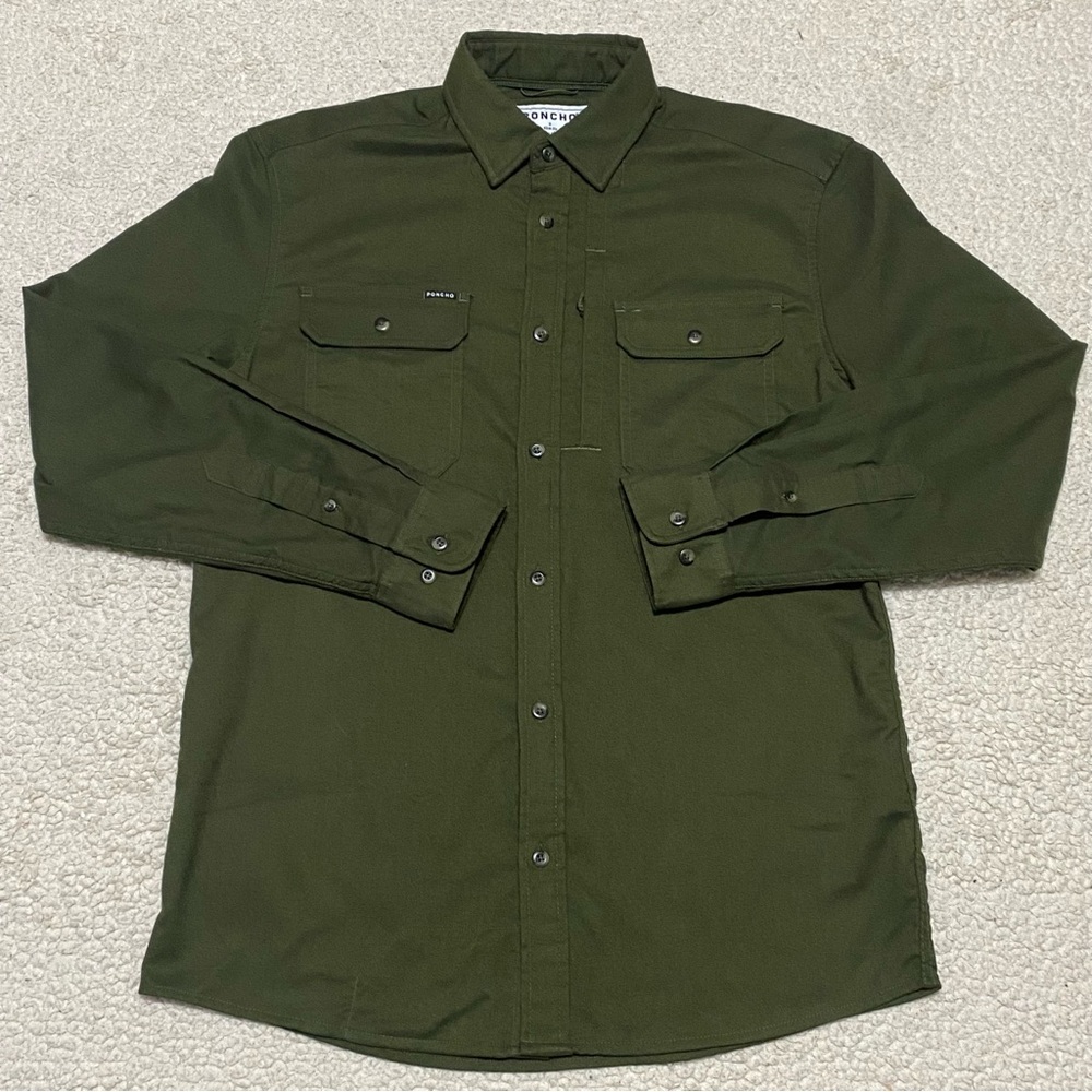 Poncho Slim Fit Magnetic Pocket Shirt Flannel Green Long Sleeve Size Small